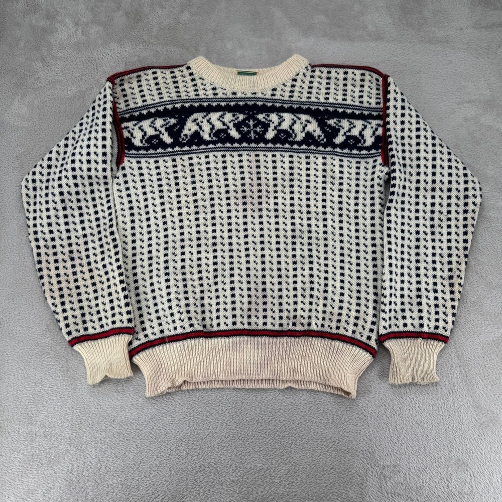 VTG LL Bean Norwegian Nordic Polar Bear Sweater Mens L Ivory Pullover Wool Cozy